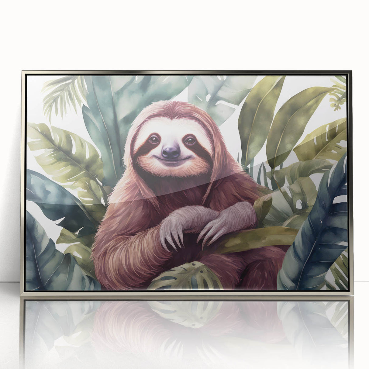 Framed wall art featuring a sloth design in vibrant colors, set in a sleek silver frame, perfect for wildlife enthusiasts and modern decor. Ideal for enhancing home aesthetics.
