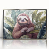 Framed wall art featuring a sloth design in vibrant colors, set in a sleek silver frame, perfect for wildlife enthusiasts and modern decor. Ideal for enhancing home aesthetics.