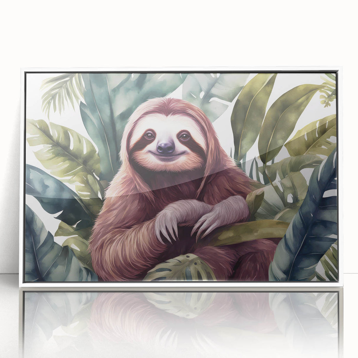 Framed wall art featuring a sloth design in a vibrant, colorful illustration, displayed against a white background, perfect for animal lovers and home decor enthusiasts.