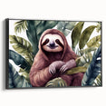Framed wall art featuring a sloth design, showcasing a black and white color scheme. The canvas is elegantly displayed in a sleek black frame, perfect for nature lovers.
