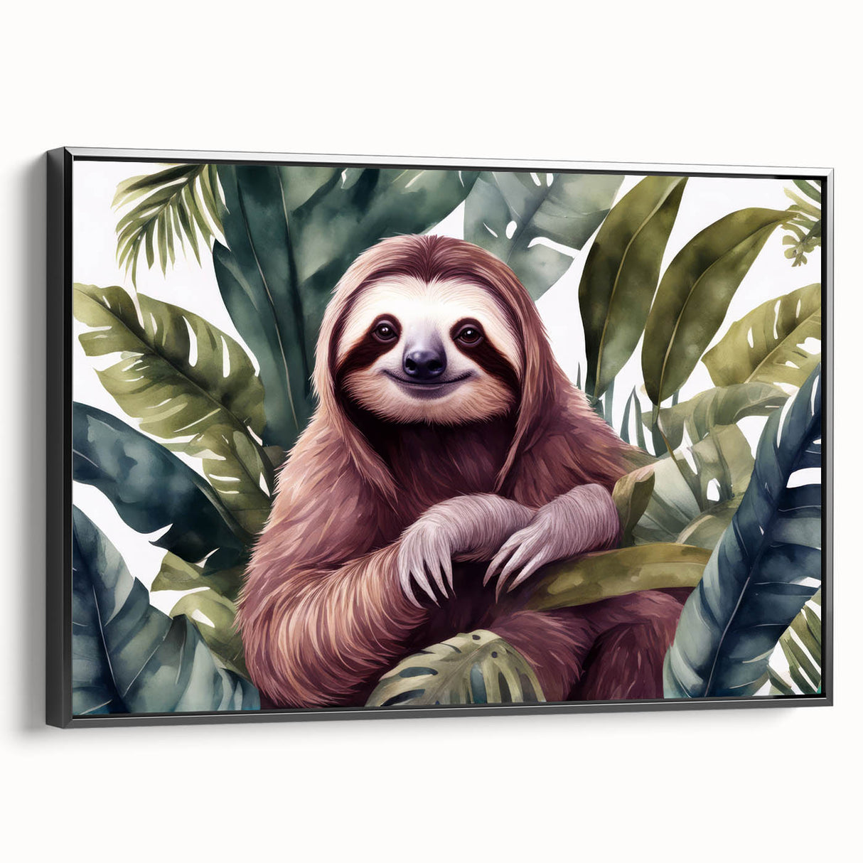 Framed wall art featuring a sloth design, showcasing a black and white color scheme. The canvas is elegantly displayed in a sleek black frame, perfect for nature lovers.