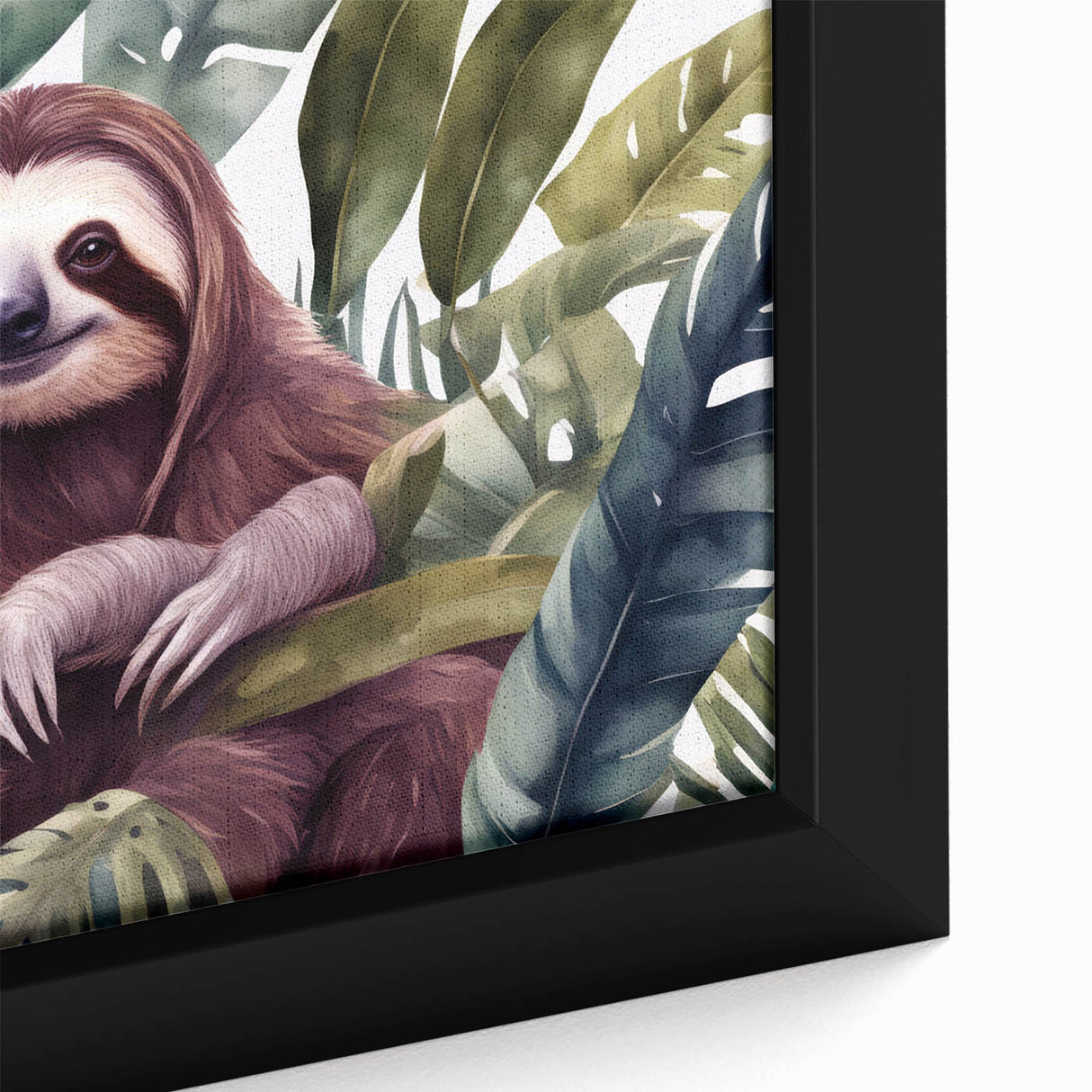 Close-up of a framed canvas wall art featuring a sloth design, showcasing intricate details and vibrant colors, perfect for animal lovers and home decor enthusiasts.
