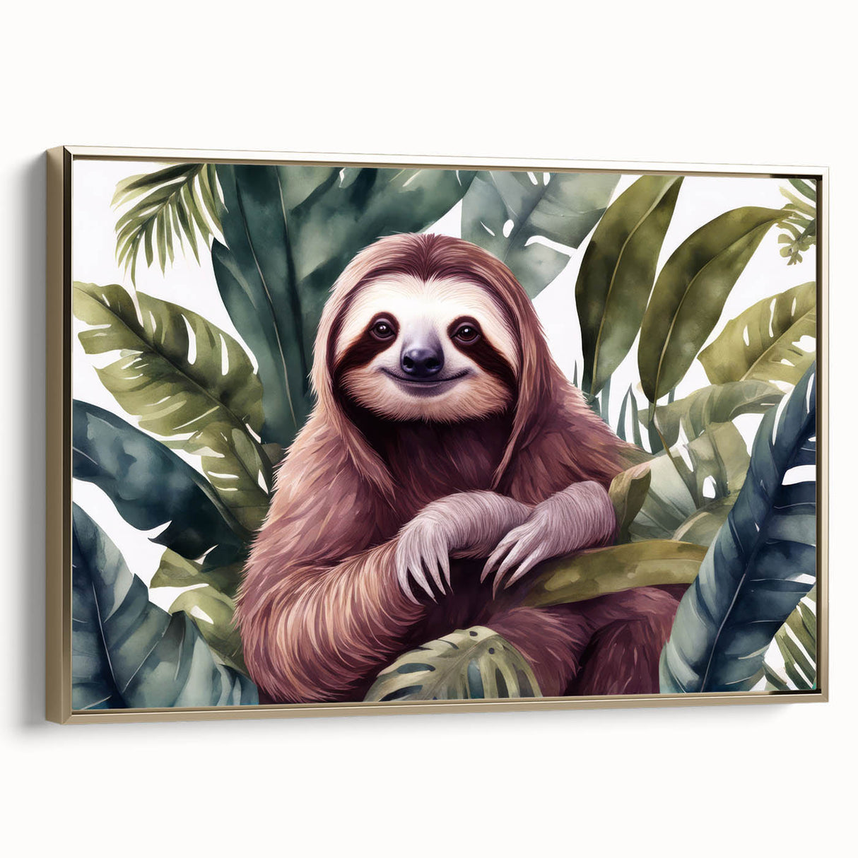 Framed wall art of a sloth in a lush green jungle setting, showcasing vibrant colors and intricate details, perfect for nature lovers and wildlife enthusiasts.
