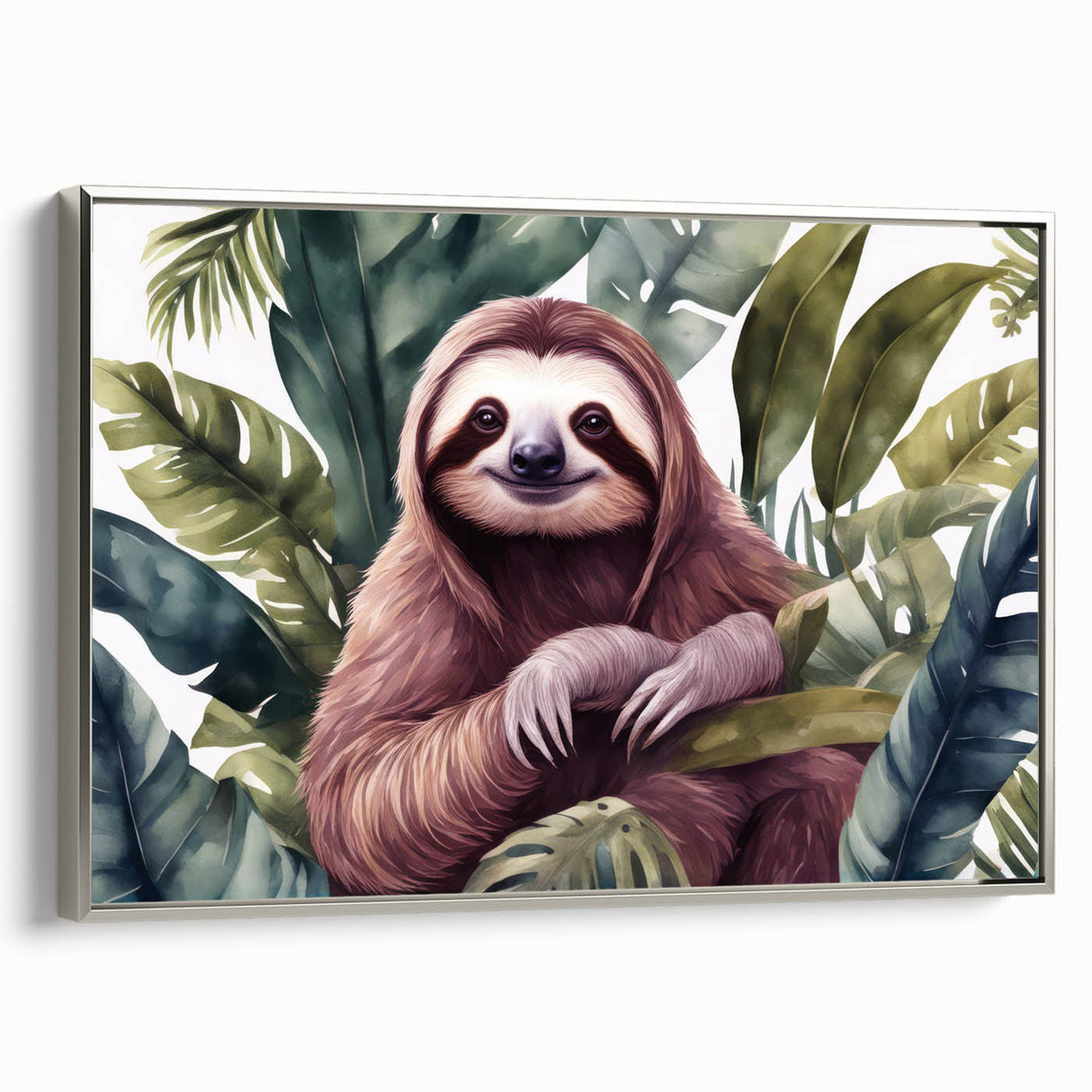 Framed wall art featuring a sloth design in a vibrant color palette, showcasing intricate details and a sleek silver frame, perfect for animal lovers' decor.