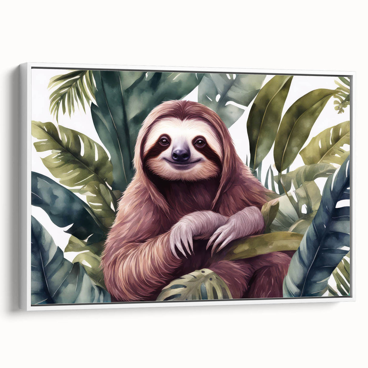Framed canvas wall art featuring a sloth design with vibrant colors and intricate details, set against a white background, ideal for animal lovers' decor.