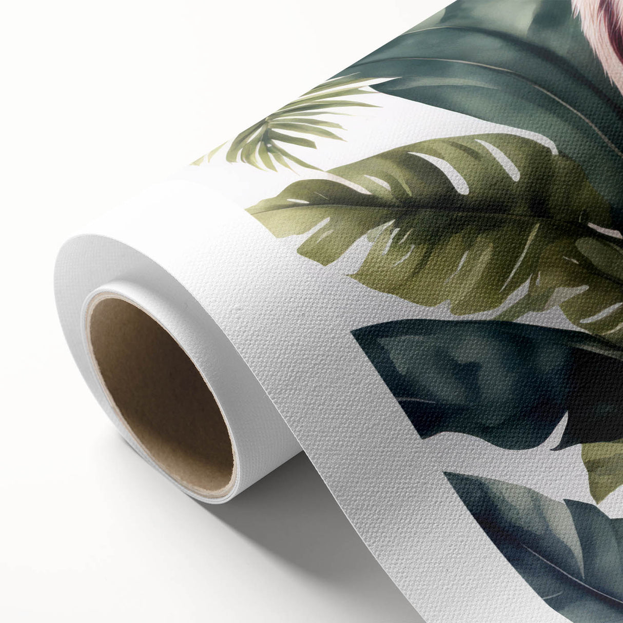 Rolled canvas art showcasing a vibrant sloth design, featuring lush green foliage and a playful sloth hanging from a branch, ideal for wildlife enthusiasts and home decor.