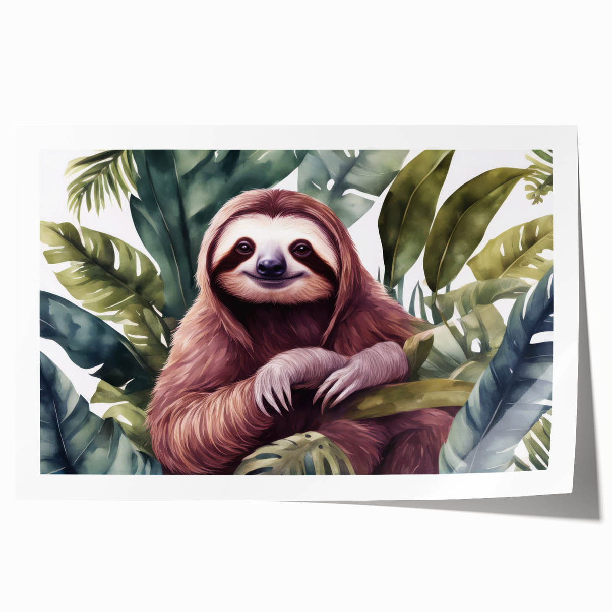 Sloth-themed wall art print showcasing a vibrant, colorful design of a sloth hanging from a branch, ideal for nature lovers and animal enthusiasts. Perfect for home decor.