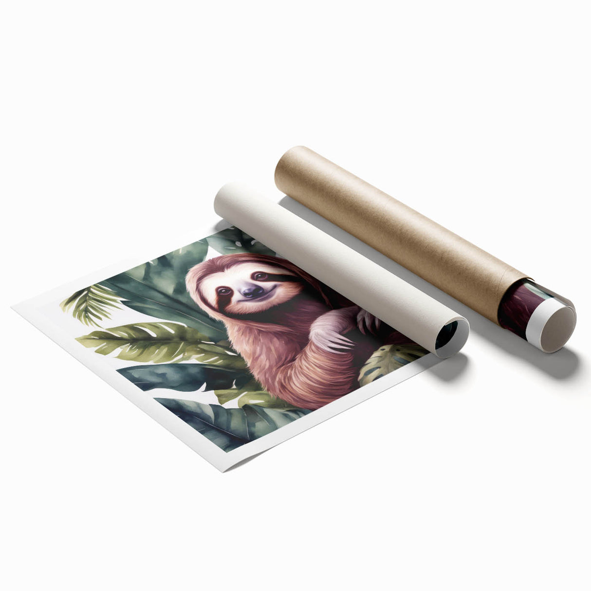 Sloth-themed wall art print featuring a vibrant, colorful illustration of a sloth hanging from a branch, ideal for animal lovers and nature enthusiasts. Perfect for home decor.