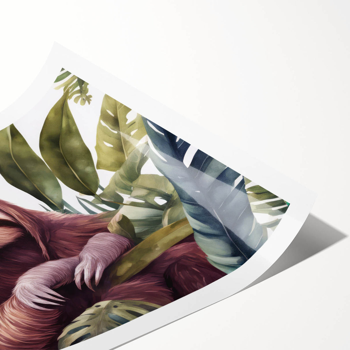 Colorful sloth wall art print featuring intricate designs and vibrant hues, presented as a rolled canvas for easy framing and display in any nature-themed decor. This unique artwork captures the essence of wildlife and adds a playful touch to home interiors.