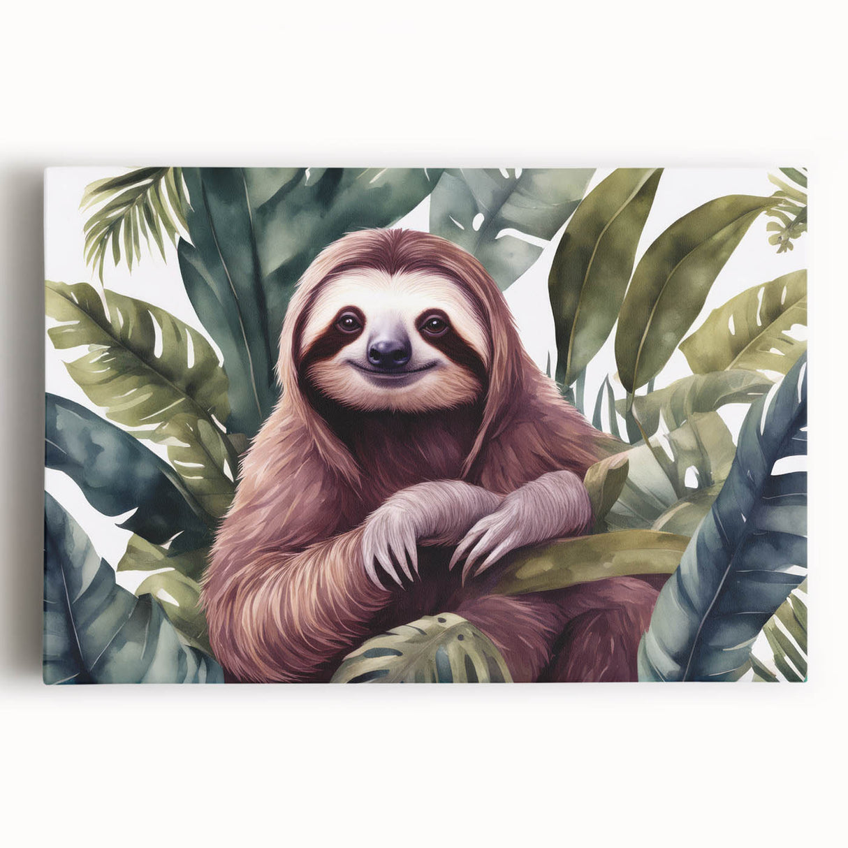 Stretched canvas wall art featuring a vibrant sloth design, showcasing detailed fur textures and lush green foliage, perfect for animal lovers and nature-themed decor.