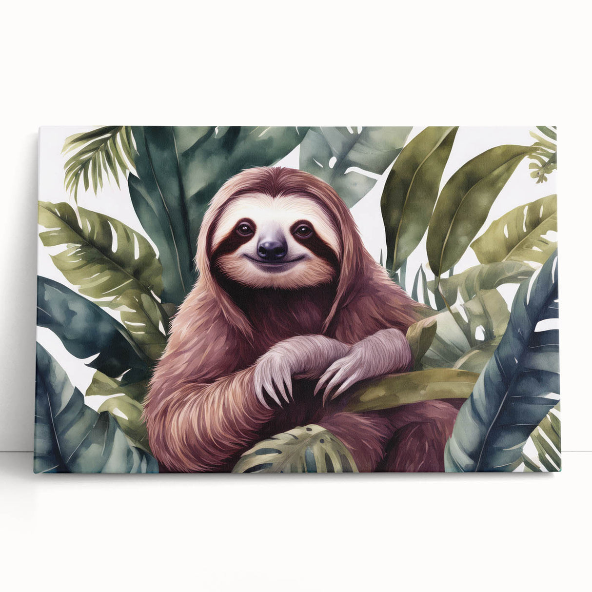 Stretched canvas wall art featuring a vibrant sloth design, showcasing intricate details and natural colors, ideal for animal lovers and home decor enthusiasts.