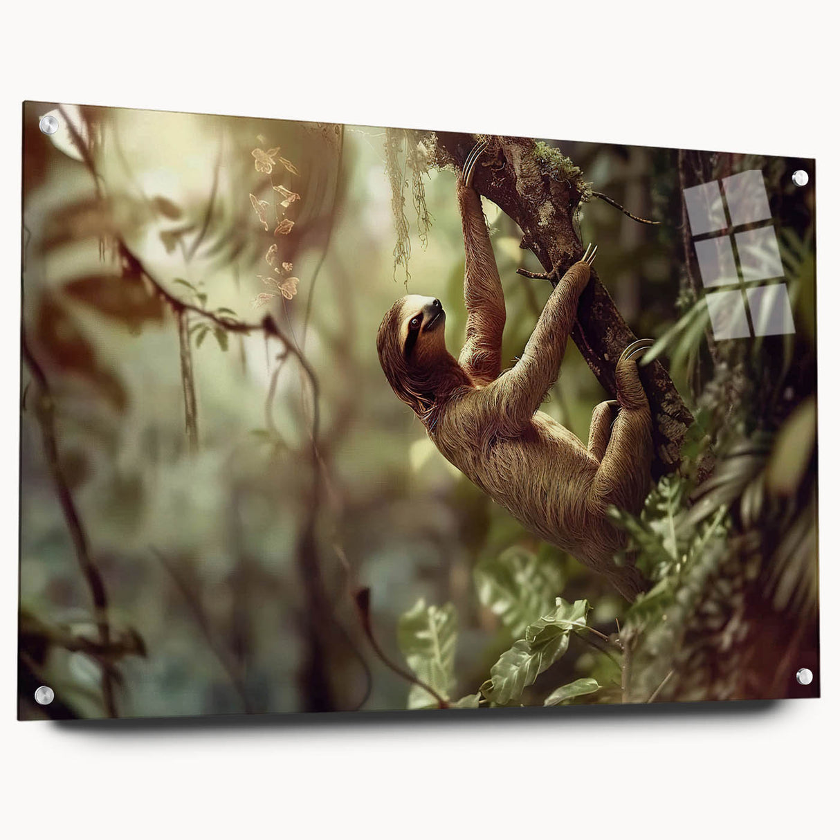 Side view of a sloth-themed wall art collection, crafted from acrylic glass, showcasing vibrant colors and intricate designs, perfect for animal lovers' decor.