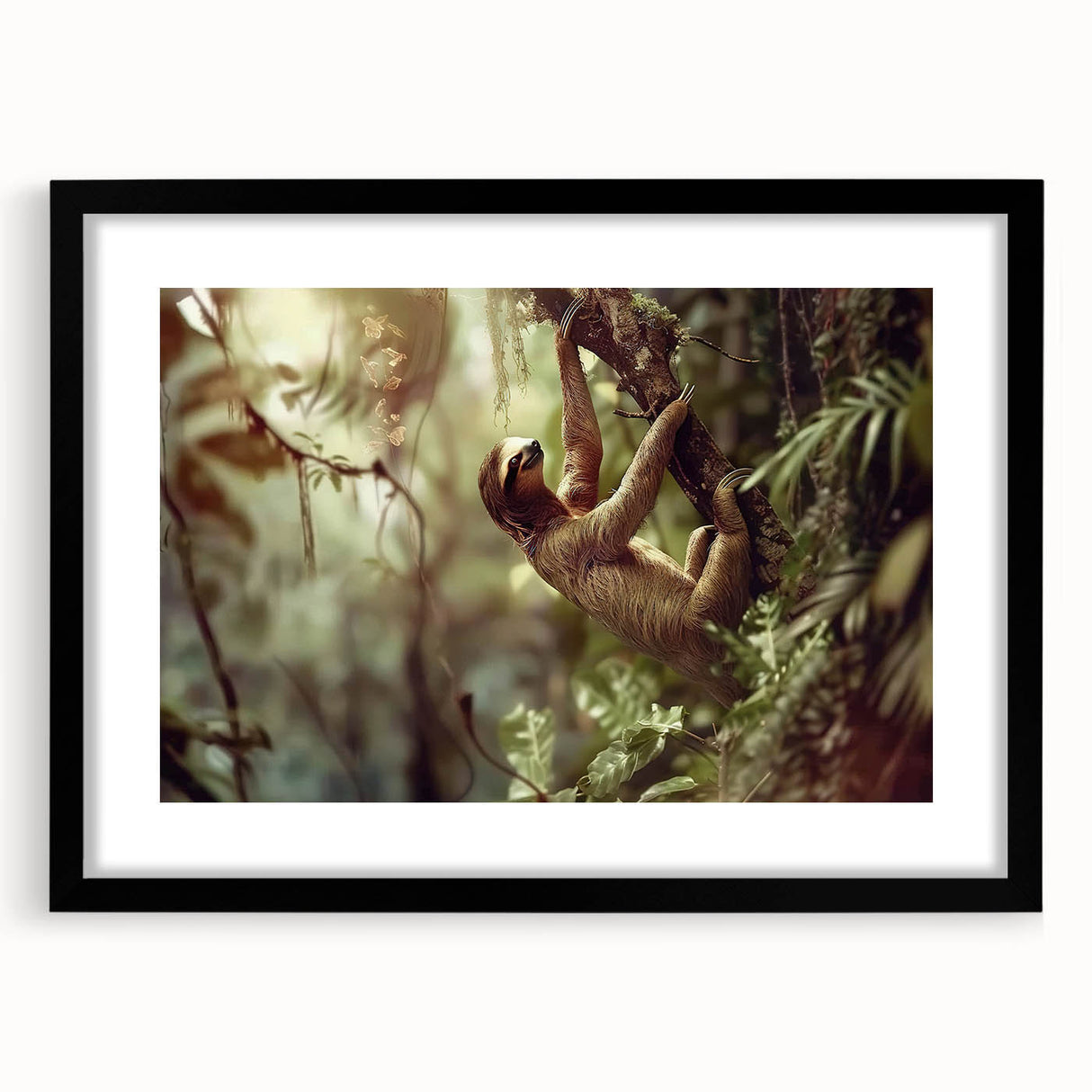 Framed wall art collection showcasing a sloth design, featuring a black frame and mat, ideal for animal lovers and nature-themed decor. The artwork captures the sloth’s unique features and vibrant colors, making it a perfect addition to any living space.