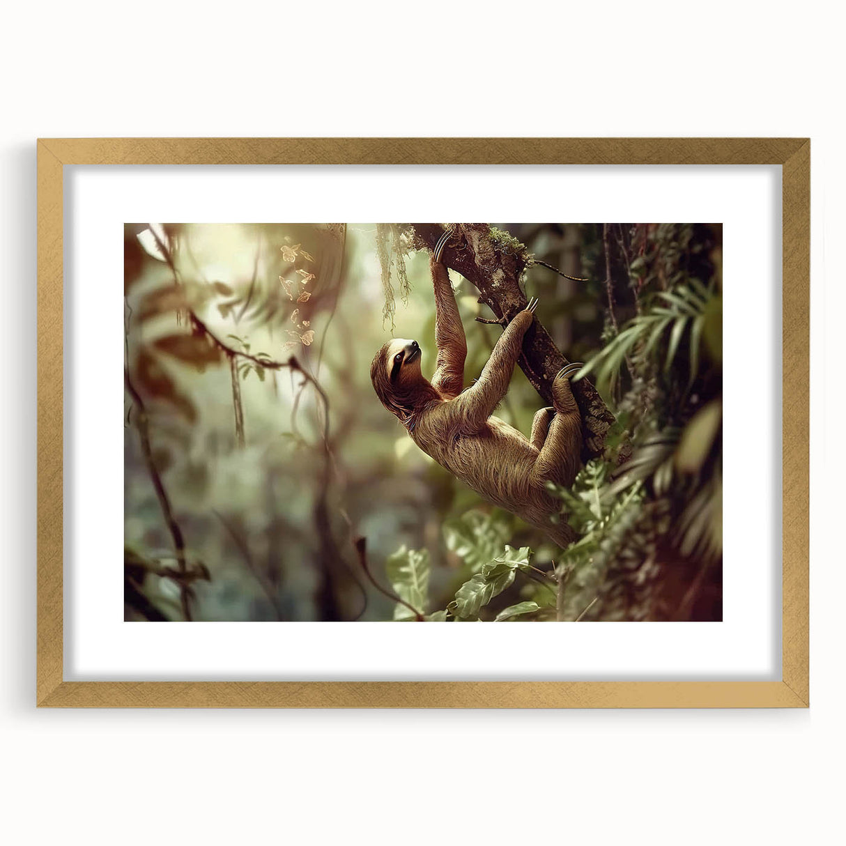 Sloth wall art design in a stylish gold frame, showcasing a vibrant depiction of a sloth in a lush rainforest setting, perfect for animal lovers.