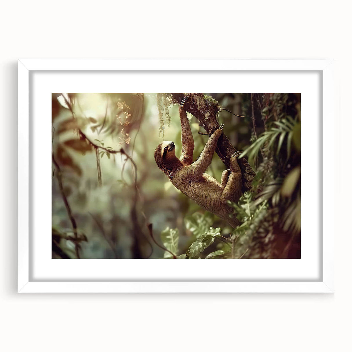 Framed wall art featuring a sloth design from the "Animals A Wild Life" collection, showcasing a white mat and sleek frame, perfect for nature-themed decor.