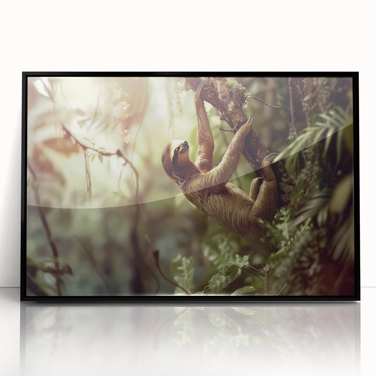 Framed wall art featuring a sloth design from the "Animals A Wild Life" collection, showcasing vibrant colors and a sleek black frame, perfect for nature lovers' decor.