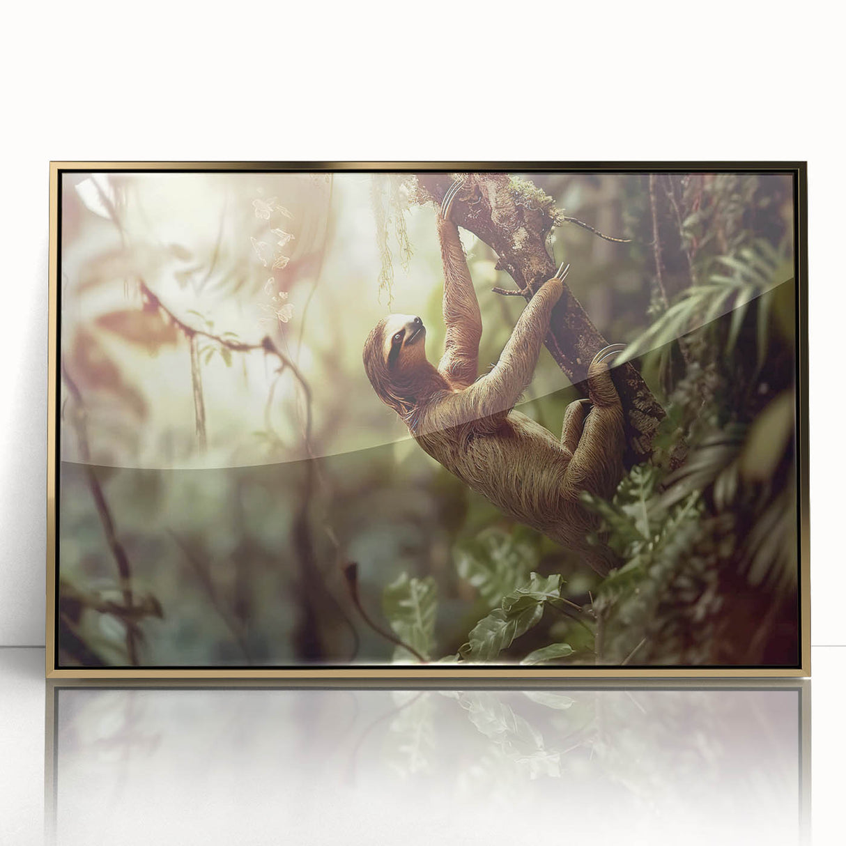 Framed wall art featuring a sloth design, showcasing vibrant colors and intricate details, set against a sleek gold frame, perfect for animal lovers' decor.