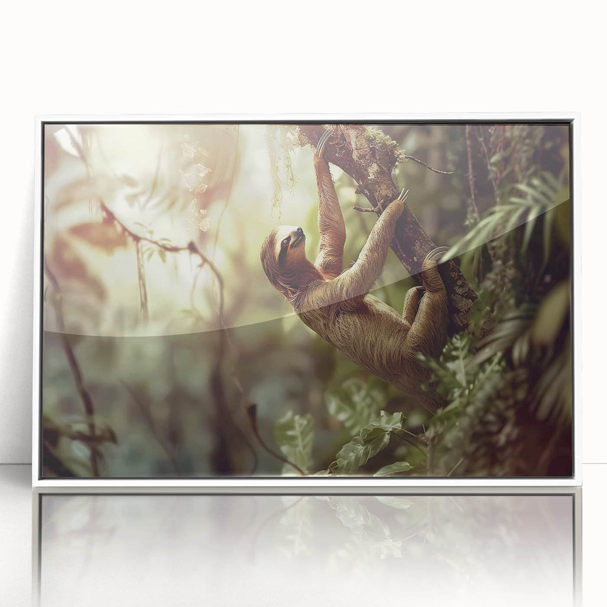 Framed wall art featuring a sloth design, showcasing vibrant colors and detailed illustrations on a white background, perfect for nature enthusiasts and home décor.