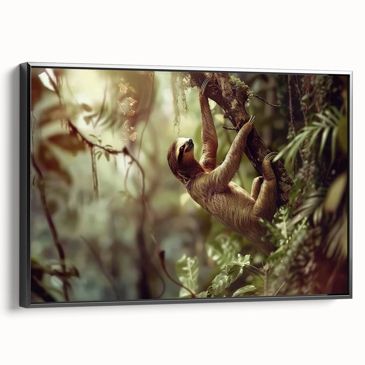 Framed wall art featuring a sloth design in a black frame, showcasing vibrant colors and intricate details, perfect for animal lovers and home decor enthusiasts.