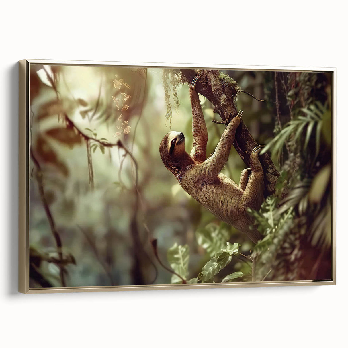 Framed wall art featuring a sloth design from the "Animals A Wild Life" collection, showcasing vibrant colors and a gold frame, ideal for animal lovers’ decor.