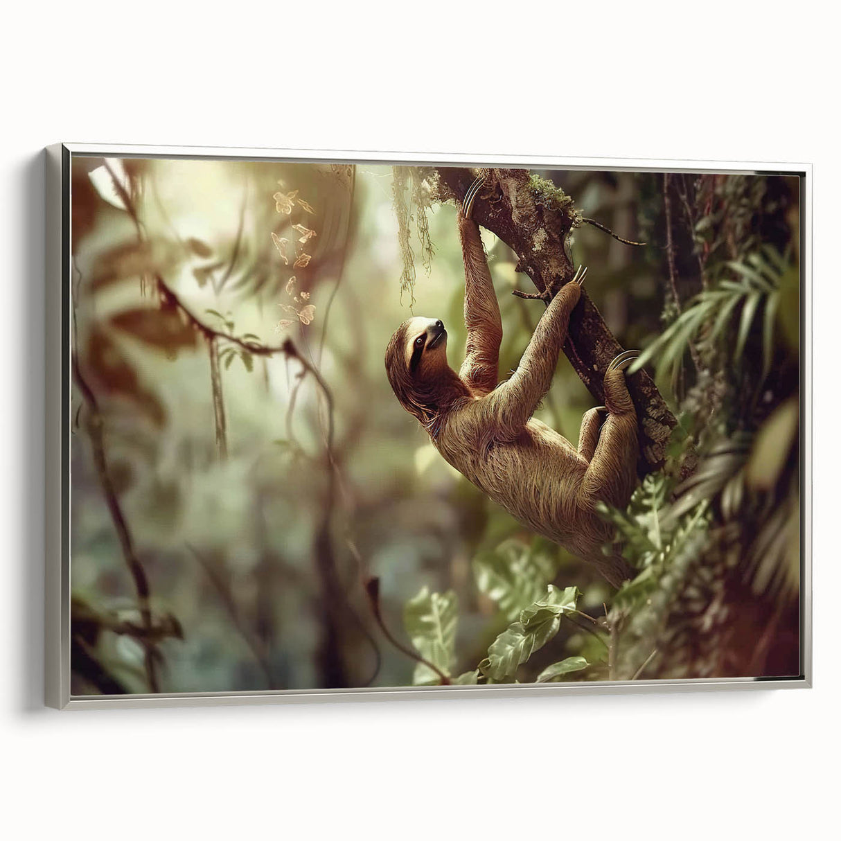 Framed wall art featuring a sloth design in a silver frame, showcasing vibrant colors and detailed textures, perfect for animal lovers and home decor enthusiasts.