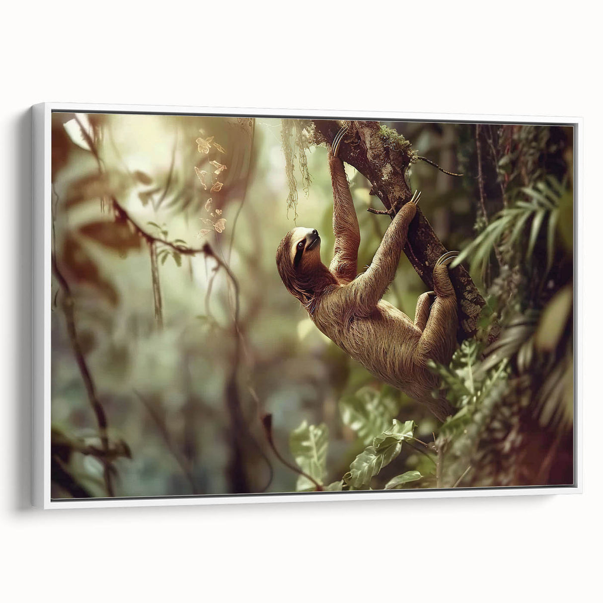 Framed canvas wall art featuring a whimsical sloth design, showcasing vibrant colors and detailed textures, perfect for animal lovers and home decor enthusiasts.