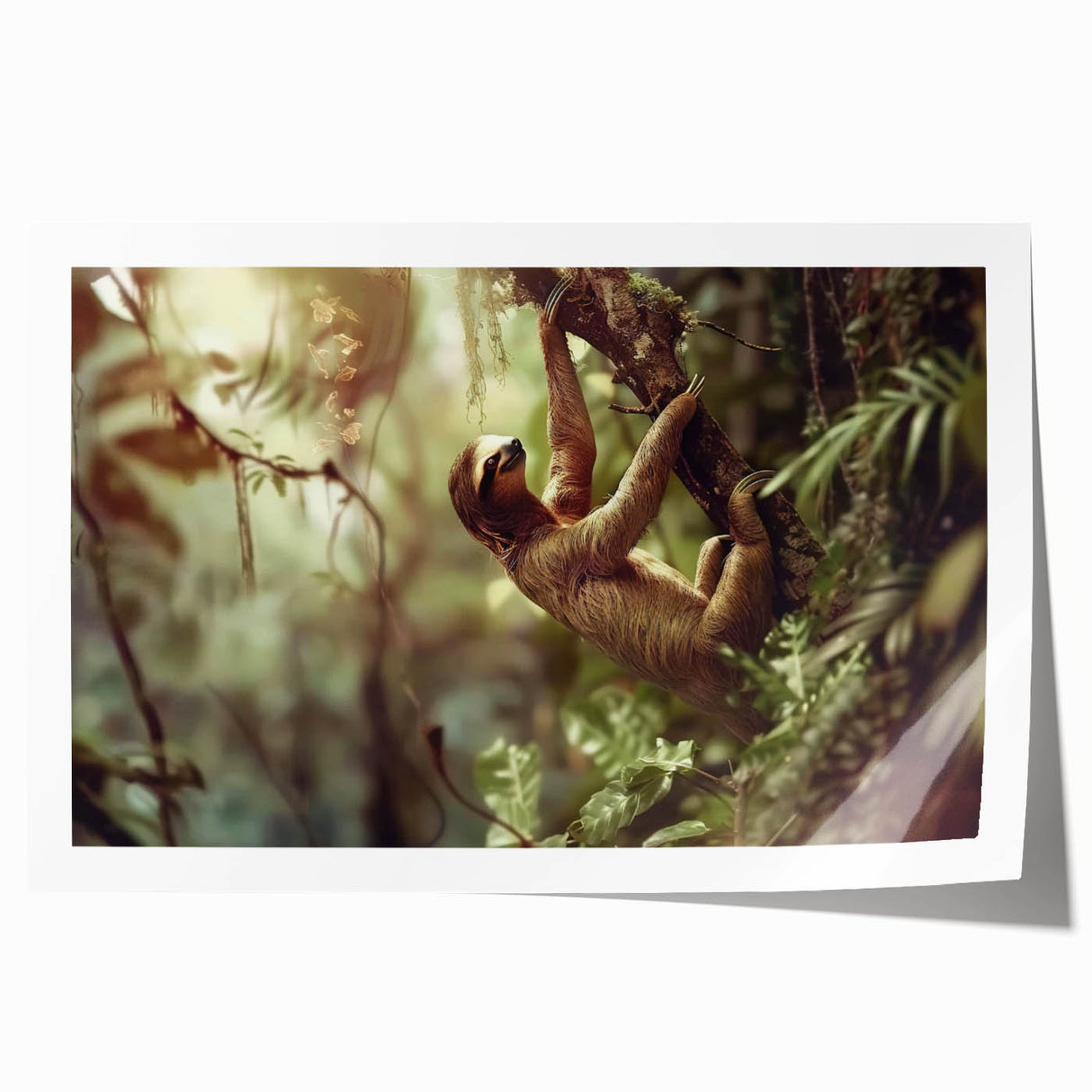 Sloth-themed wall art print showcasing a vibrant, colorful design of a sloth hanging from a branch, perfect for animal lovers and nature-inspired decor.