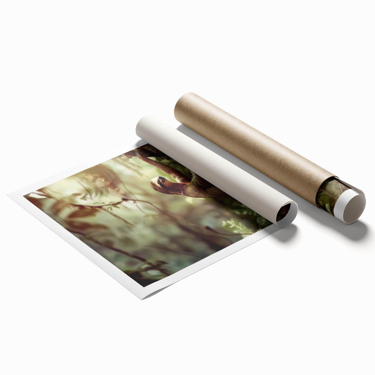 Rolled print of a whimsical sloth design featuring vibrant colors and intricate details, perfect for animal lovers and home decor enthusiasts. Ideal for wall art collections.