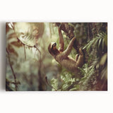 Stretched canvas wall art showcasing a vibrant sloth design set against a colorful jungle background, perfect for animal lovers and nature-themed decor.