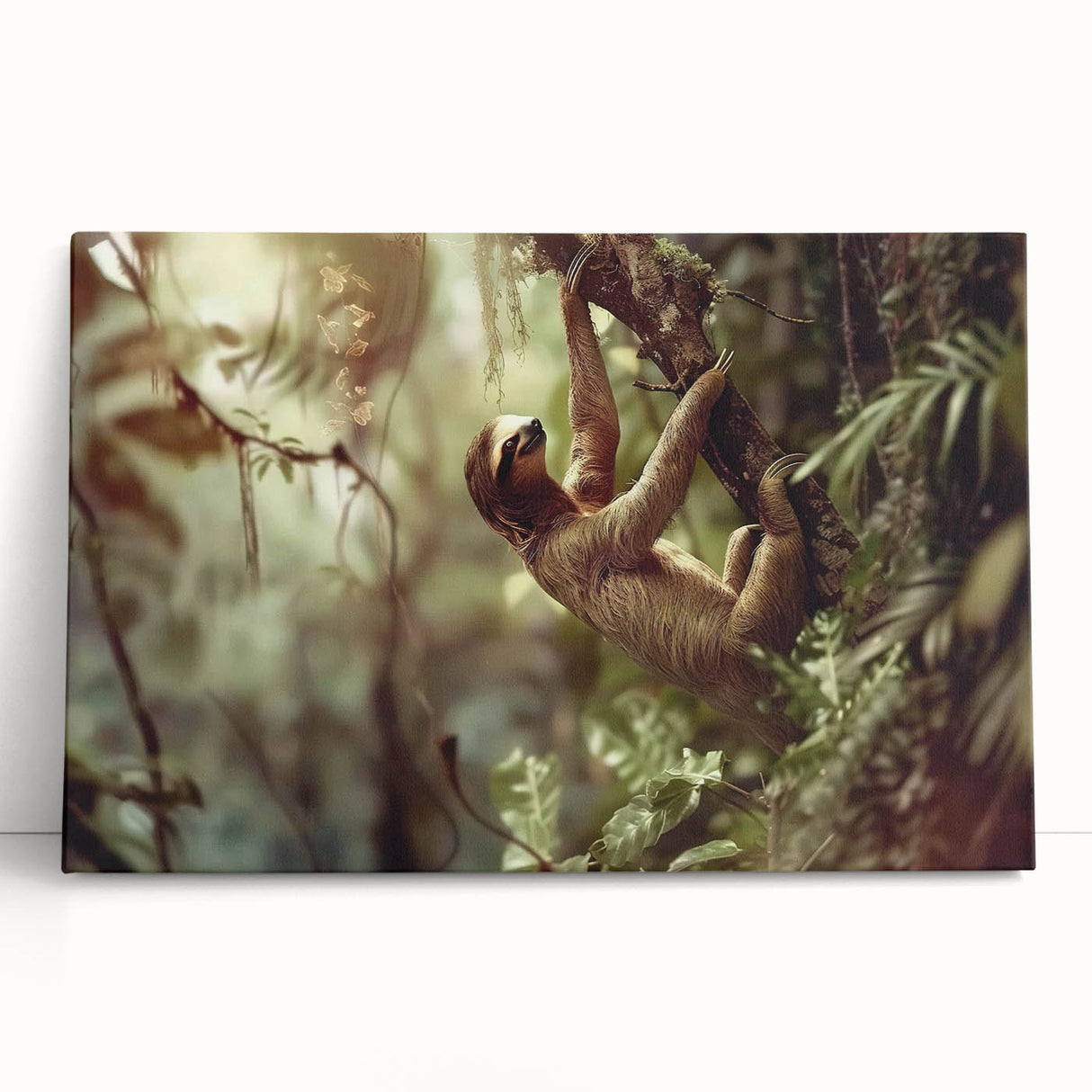 Stretched canvas wall art featuring a whimsical sloth design, vibrant colors, and intricate details, perfect for adding a playful touch to any room decor.