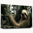 Side view of a sloth-themed acrylic wall art piece showcasing vibrant colors and intricate details, mounted with pins for easy display. Perfect for animal lovers and home decor enthusiasts.