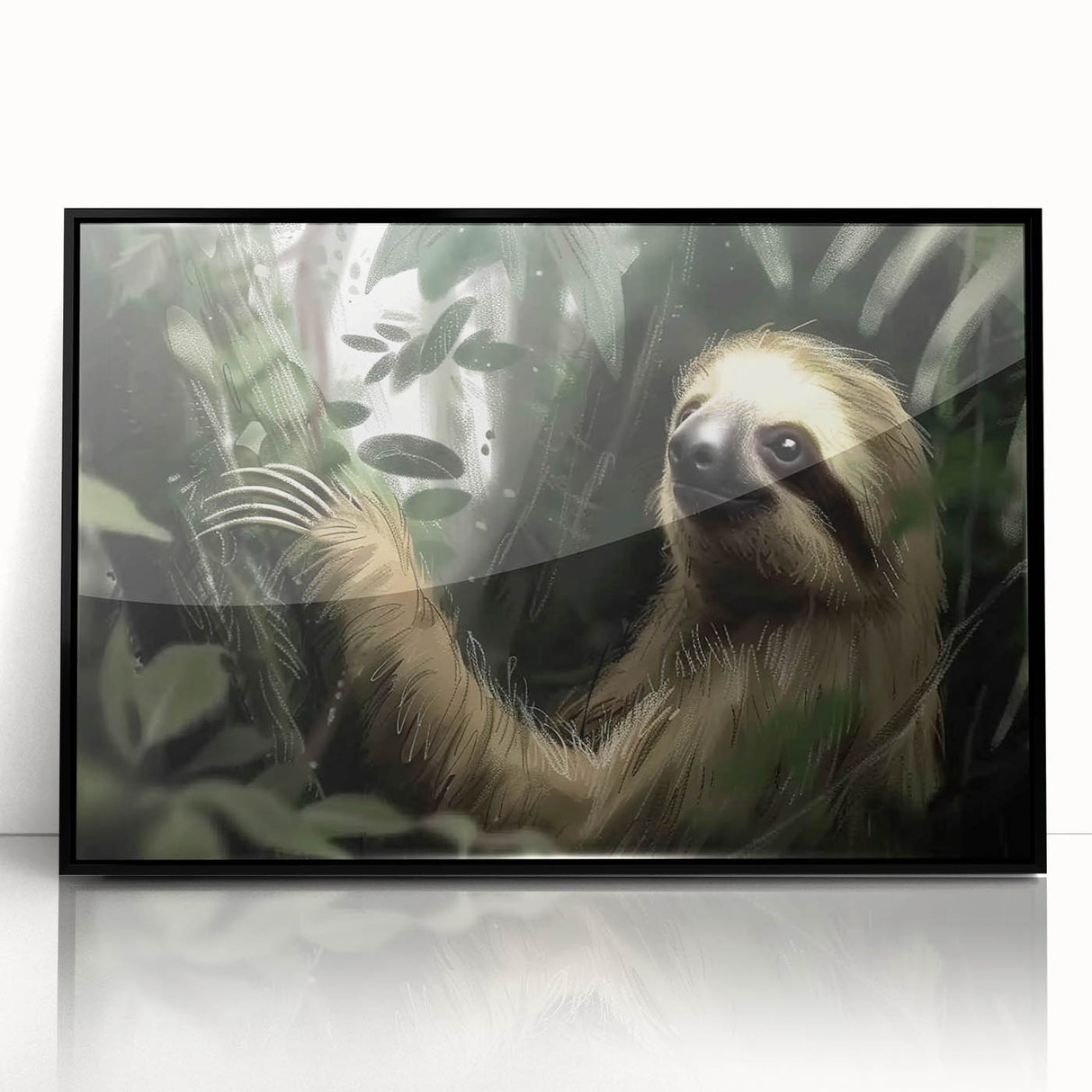Framed wall art featuring a sloth design from the "Animals: A Wild Life" collection, showcasing vibrant colors and a sleek black frame, perfect for nature lovers. The artwork adds a whimsical touch to any room, emphasizing conservation and wildlife appreciation.