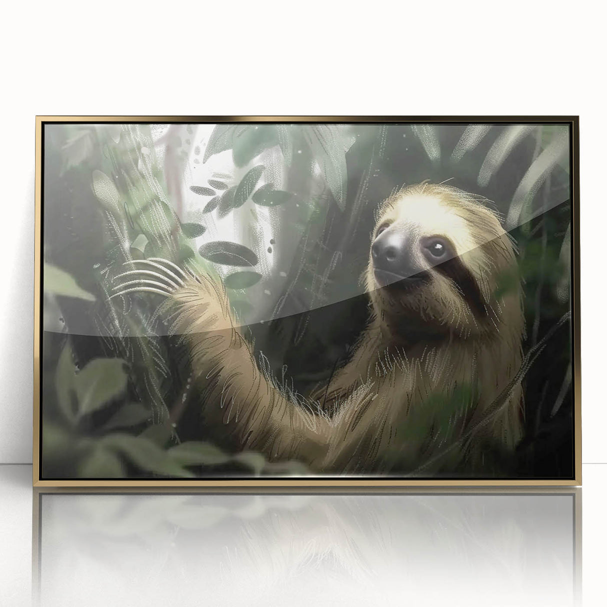 Framed wall art featuring a sloth design in a vibrant color palette, set against a gold acrylic background, perfect for animal lovers and home decor enthusiasts.