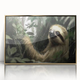 Framed wall art featuring a sloth design in a vibrant color palette, set against a gold acrylic background, perfect for animal lovers and home decor enthusiasts.
