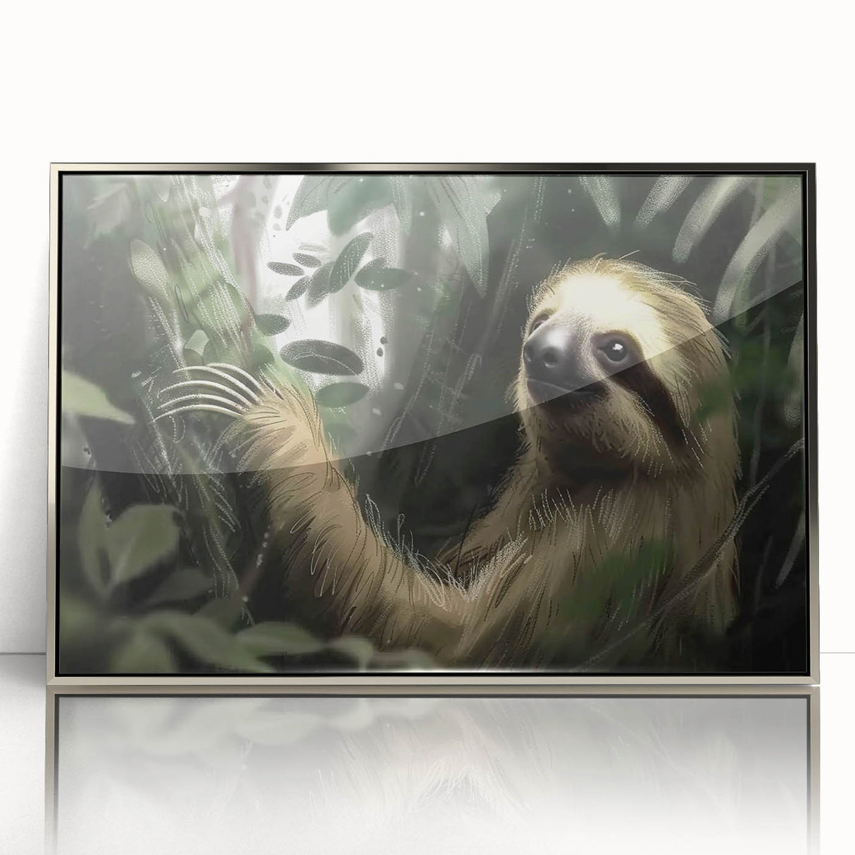 Framed wall art featuring a sloth design in a vibrant, colorful style, accented with a sleek silver frame, perfect for animal lovers' home decor.