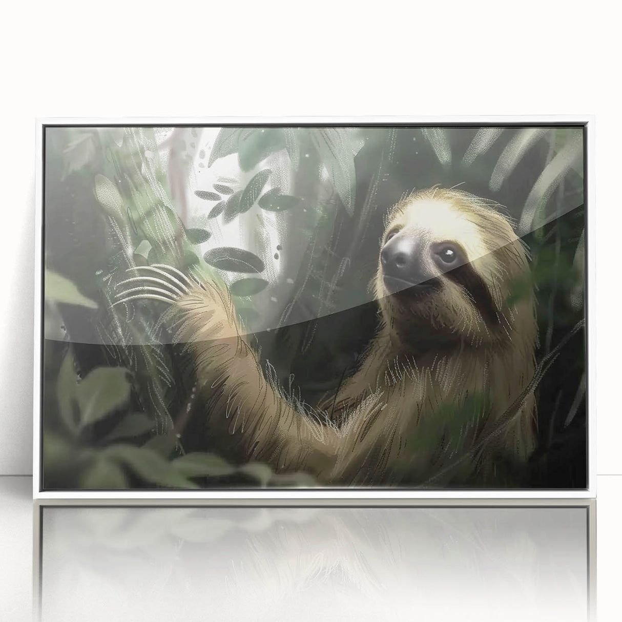Framed wall art featuring a sloth design, showcasing vibrant colors and intricate details. The artwork is displayed in a sleek white frame, perfect for animal lovers and nature-themed decor.