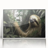 Framed wall art featuring a sloth design, showcasing vibrant colors and intricate details. The artwork is displayed in a sleek white frame, perfect for animal lovers and nature-themed decor.