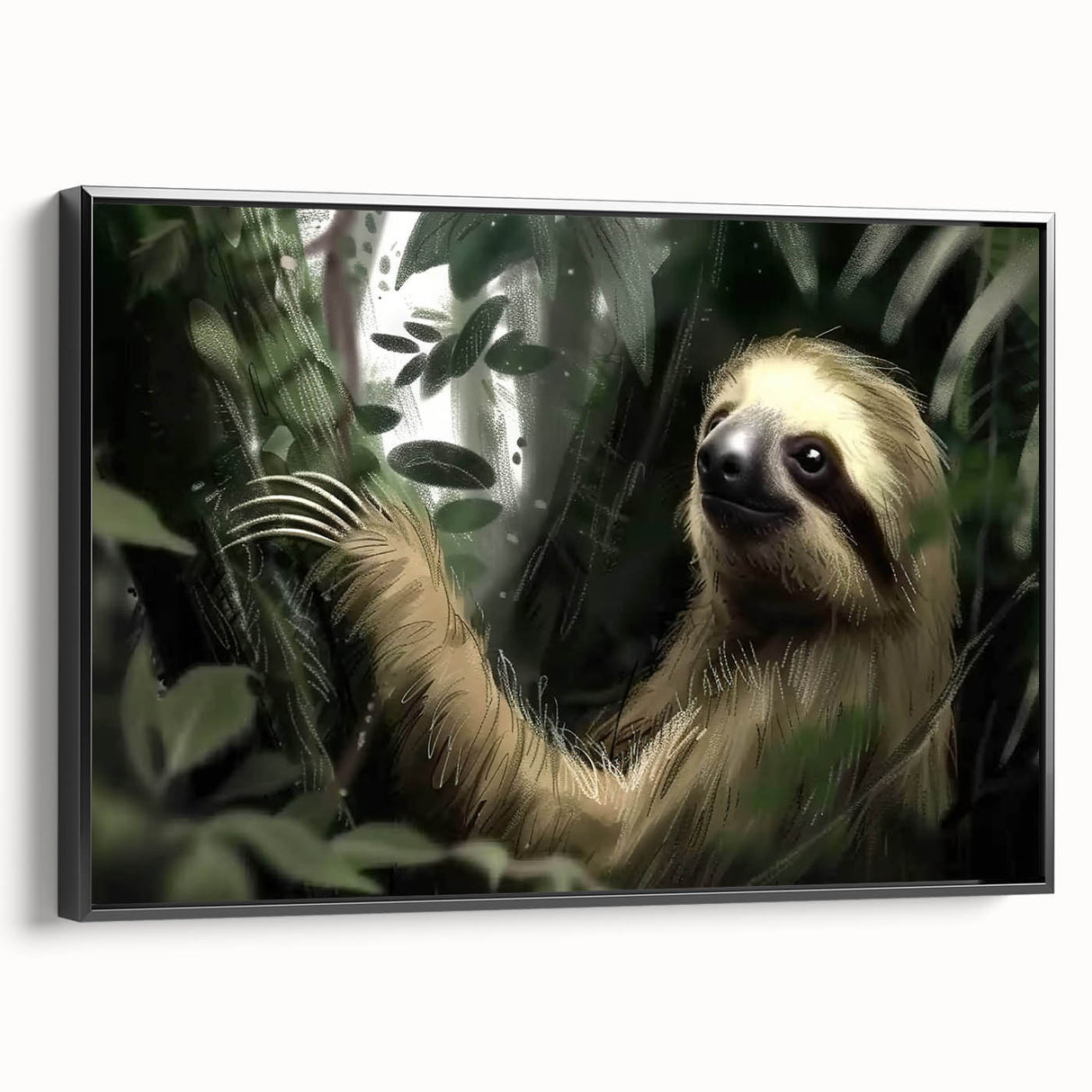 Framed wall art featuring a sloth design in a black frame, showcasing vibrant colors and intricate details of the sloth in a natural setting, ideal for animal lovers.
