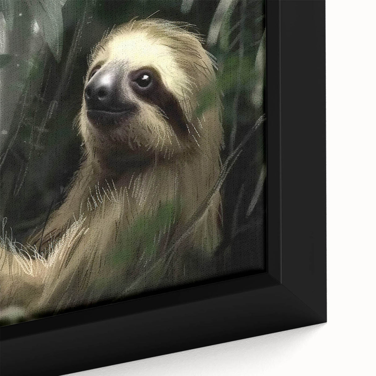 Close-up of a framed canvas wall art featuring a sloth design, showcasing vibrant colors and intricate details, perfect for animal lovers and home decor enthusiasts.