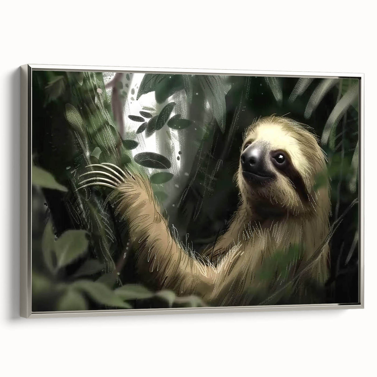 Framed wall art featuring a sloth design in a vibrant, colorful style, showcasing a silver frame against a neutral backdrop, perfect for animal lovers' decor.