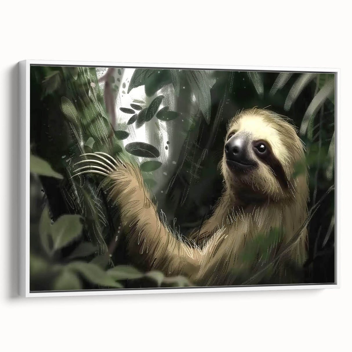 Framed wall art featuring a sloth design in a vibrant, colorful style, set against a white background, showcasing the playful nature of wildlife decor.