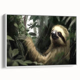 Framed wall art featuring a sloth design in a vibrant, colorful style, set against a white background, showcasing the playful nature of wildlife decor.