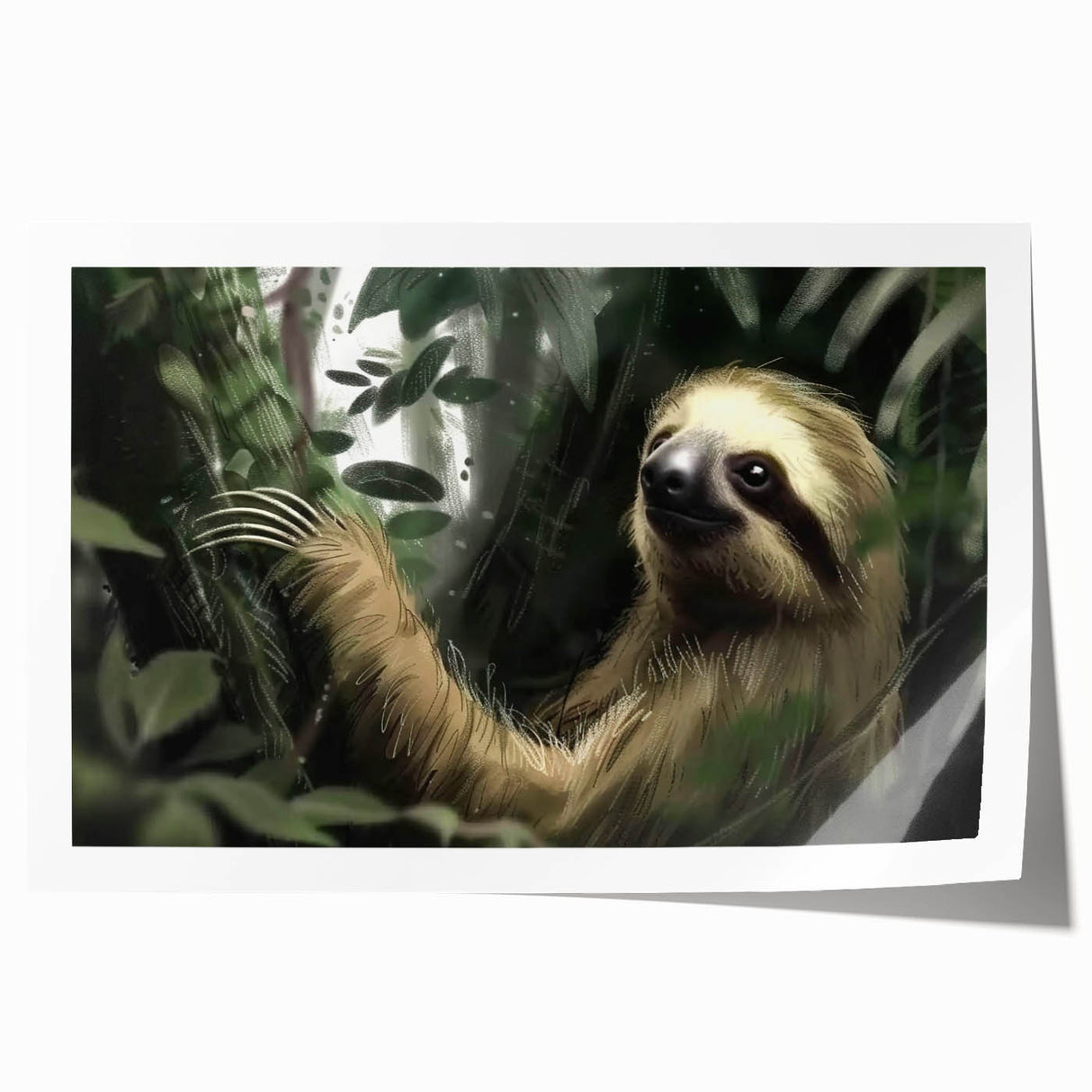 Sloth-themed wall art print featuring vibrant colors and intricate details, rolled for easy shipping and display in nature-inspired decor. Perfect for animal lovers.