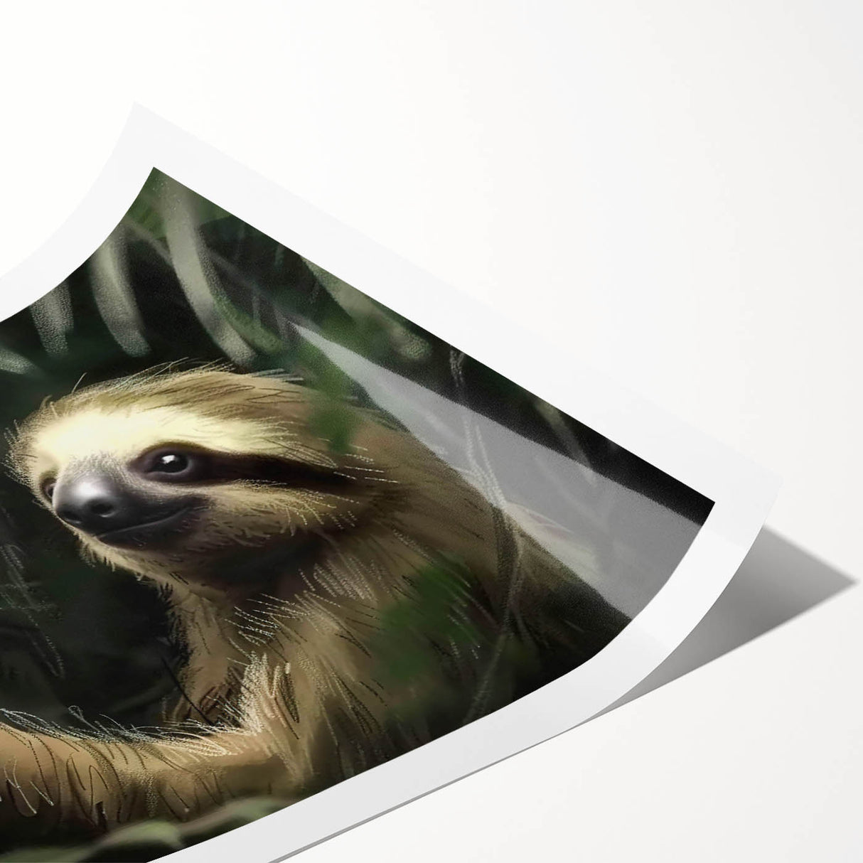 Sloth-themed wall art print showcasing a vibrant, colorful design of a sloth lounging in a tropical setting, rolled and ready for framing or display.