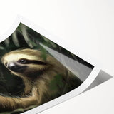 Sloth-themed wall art print showcasing a vibrant, colorful design of a sloth lounging in a tropical setting, rolled and ready for framing or display.