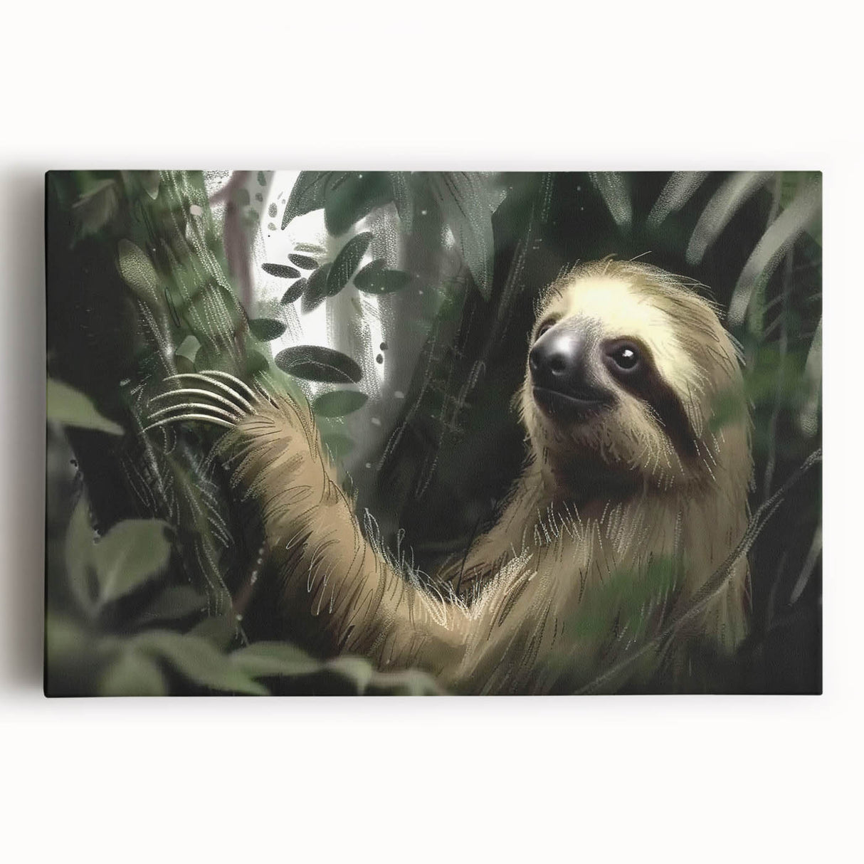 Stretched canvas wall art featuring a vibrant sloth design, showcasing detailed textures and colors, perfect for nature enthusiasts and wildlife decor.