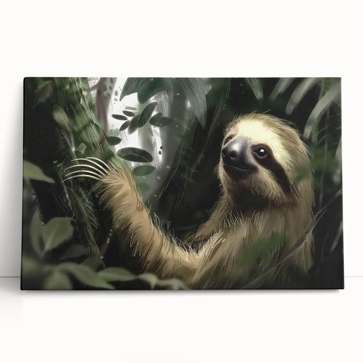 Sloth-themed wall art design on stretched canvas, showcasing a vibrant, whimsical illustration of a sloth hanging from a branch, ideal for animal lovers and home decor.