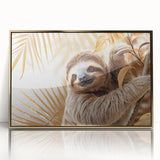 Framed wall art featuring a sloth design in a vibrant, colorful style, with a sleek gold frame, perfect for nature lovers and home decor enthusiasts.