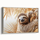 Framed wall art featuring a sloth design in a playful pose, set against a silver background, perfect for animal lovers and home decor enthusiasts.
