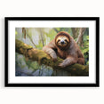 Sloth-themed wall art collection framed in black with a mat, showcasing a whimsical design that captures a playful sloth in a lush jungle setting, ideal for animal lovers.